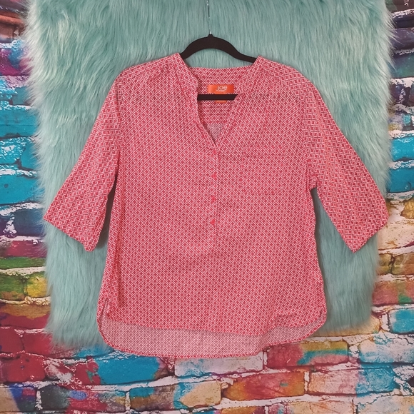 Joe Fresh Coral White Diamond Design Half Sleeve V-Neck Front Button Top Size M - Picture 4 of 6